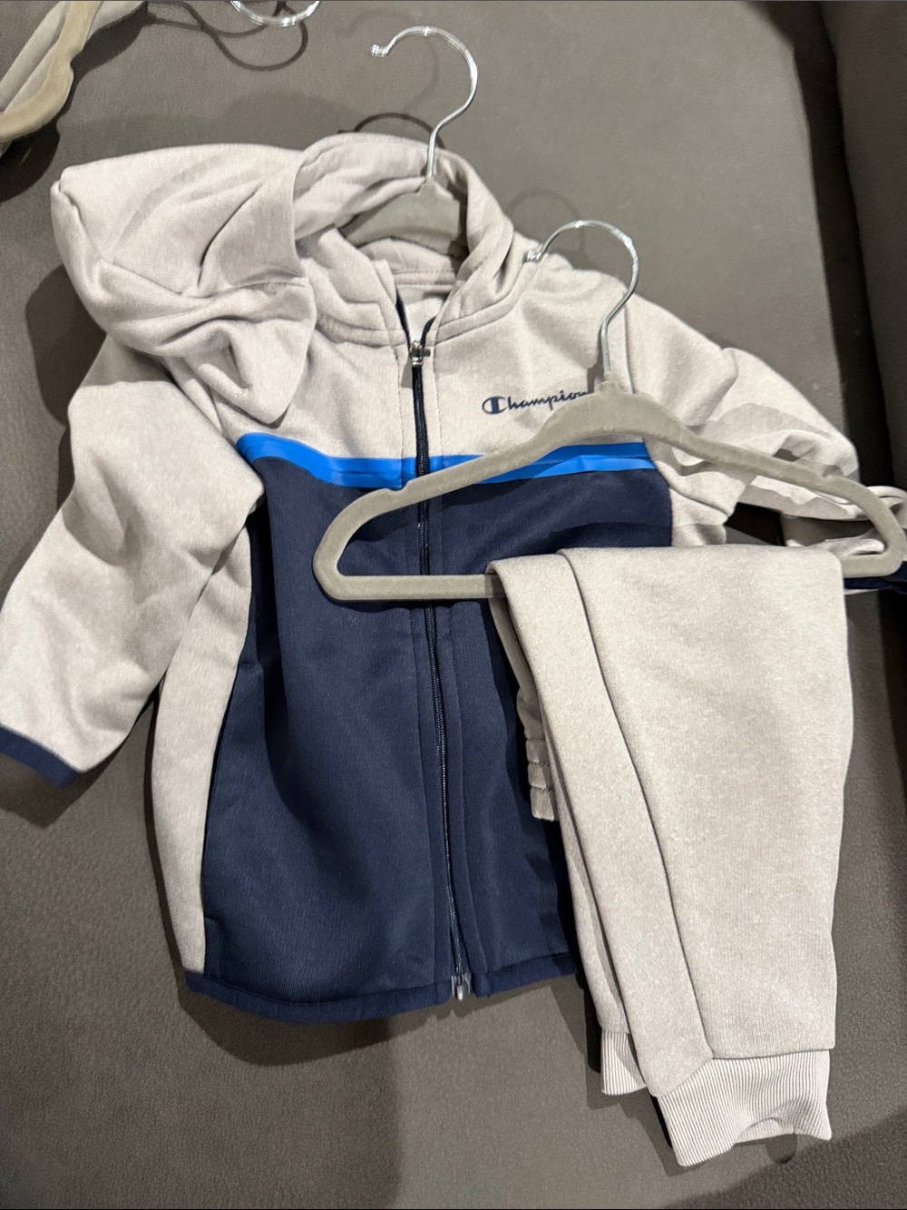 Champion Two-Tone Zip Hoodie & Joggers - Gray, Navy & Bright Blue Trim